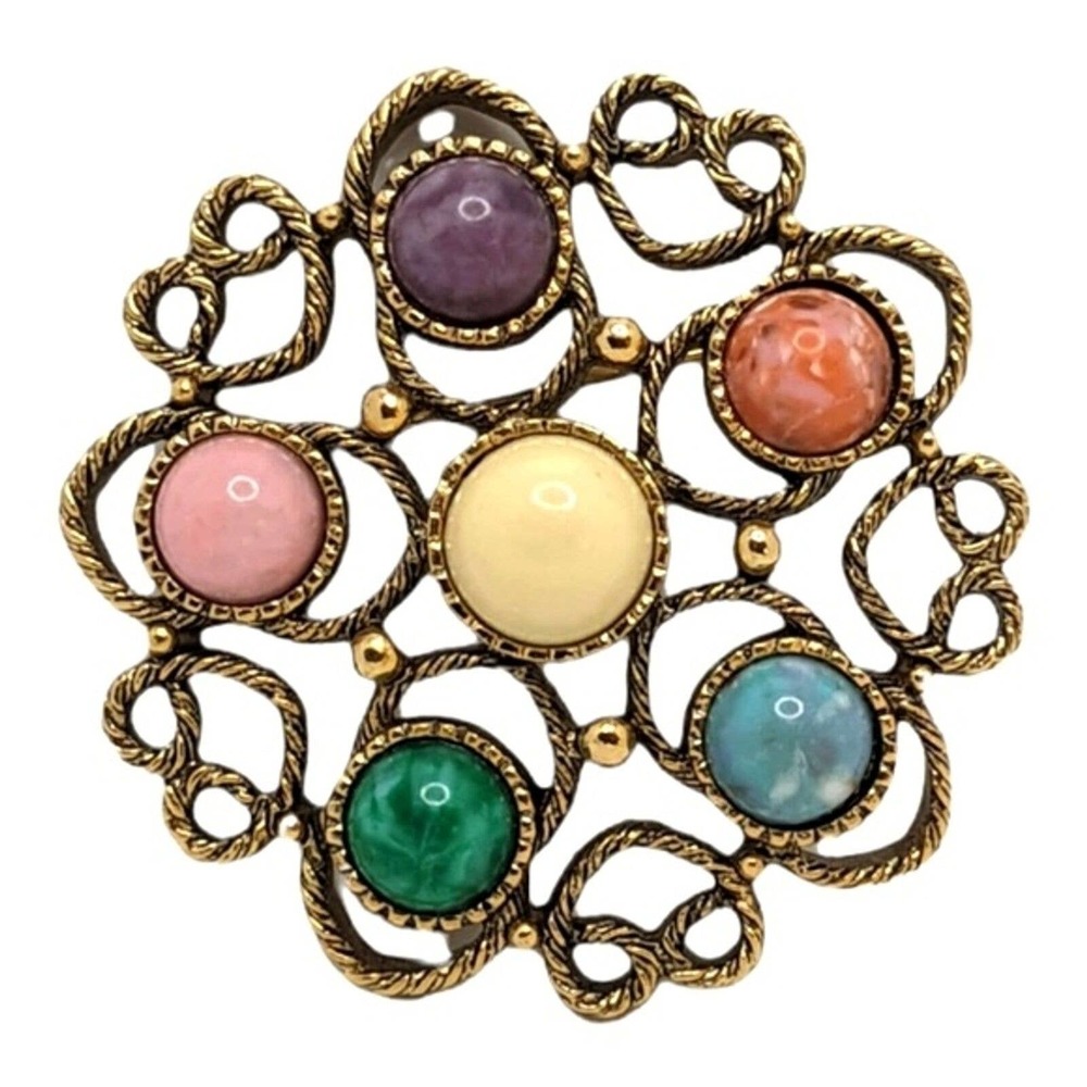 Multi colored stone gold brooch